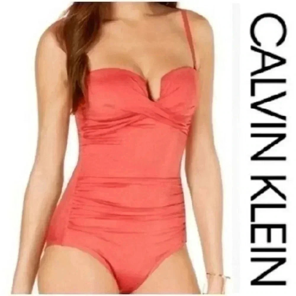 CALVIN KLEIN Removable Straps Coral Shimmer Tummy Control Swimsuit Size 12 NWOT